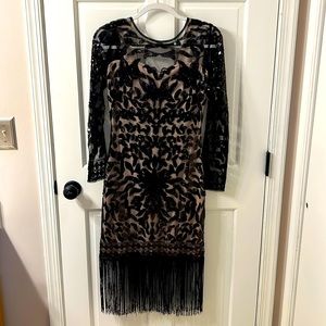 Unique Vintage Small Black long sleeve fringe dress with sequined overlay NWT